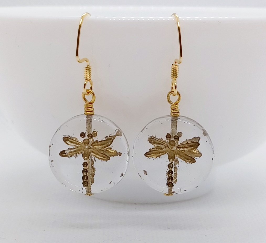 Gold Dragonfly Clear Glass Handmade Earrings